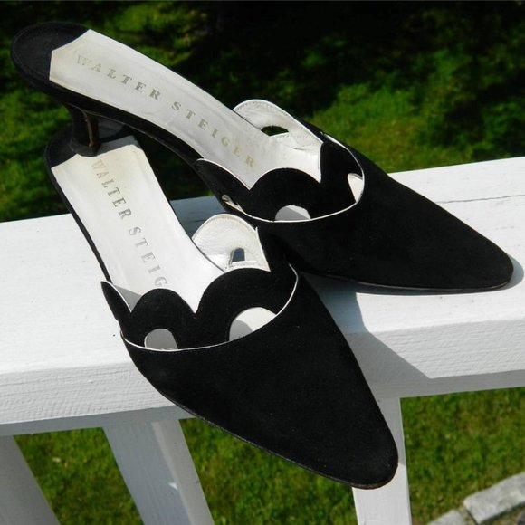Walter Steiger Black Suede Kitten Heel Slides/Mules/Shoes Handmade Italy sz 8 - Picture 4 of 12